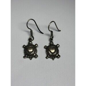 Vintage Sterling Silver 925 Earrings Turtle With Heart On Back Dangle Unique EFS